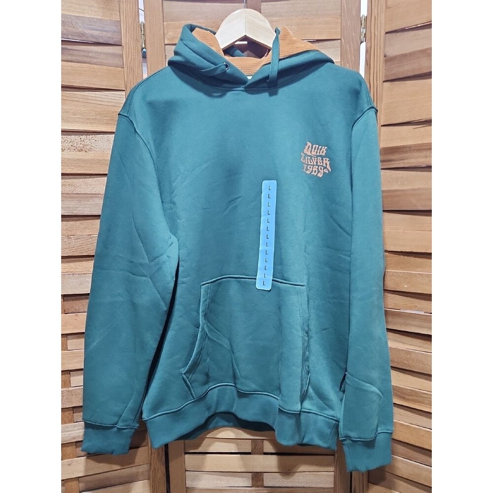Quiksilver Green Pullover Hoodie Yellow Gold Logo Men L Kangaroo Pocket Cotton